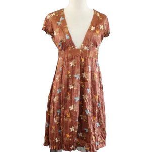 Free People Brown Copper Floral Crinkle Dress Size 12